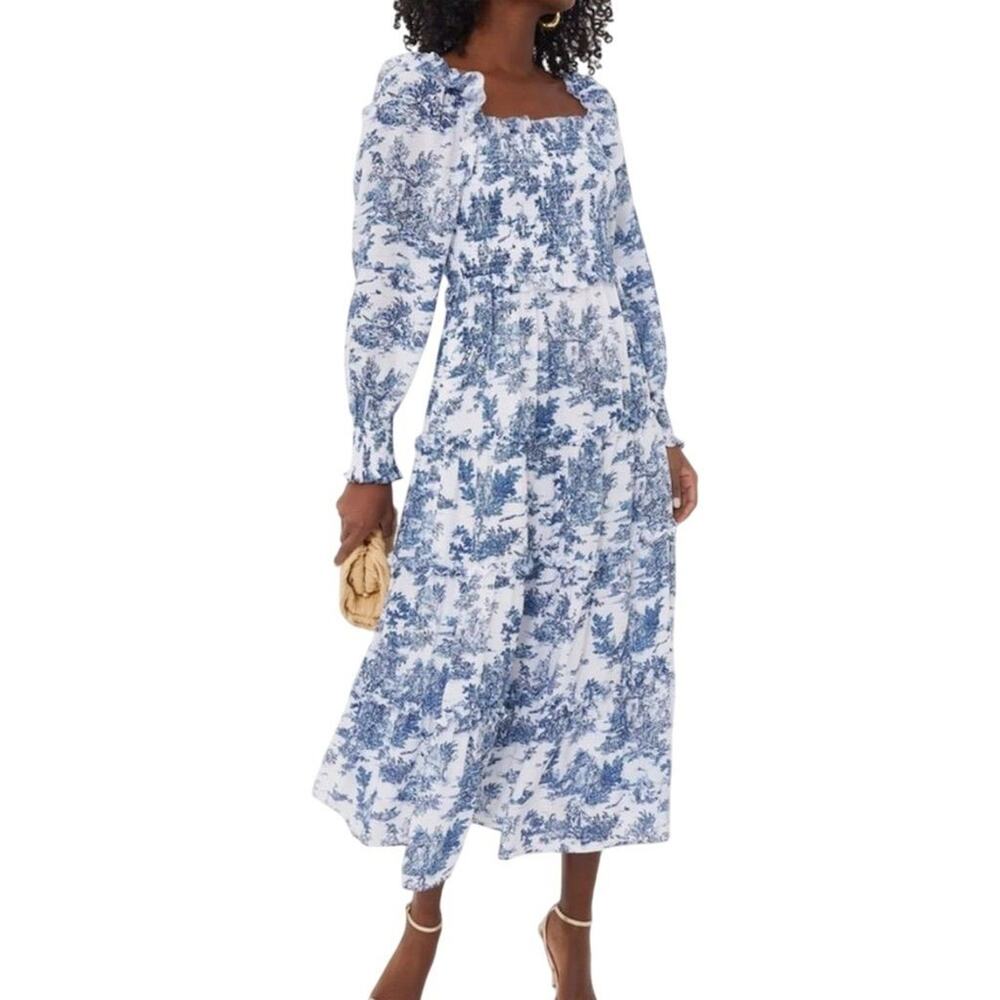 New Hyacinth House Women's Georgina Midi Dress Blue Toile Long Sleeve XXS 275238